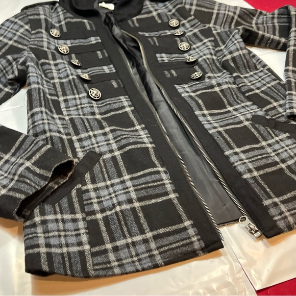 CRUEL black PLAID military Jacket zip Coat Gray Wool Blend Steampunk Goth Small - Picture 16 of 16